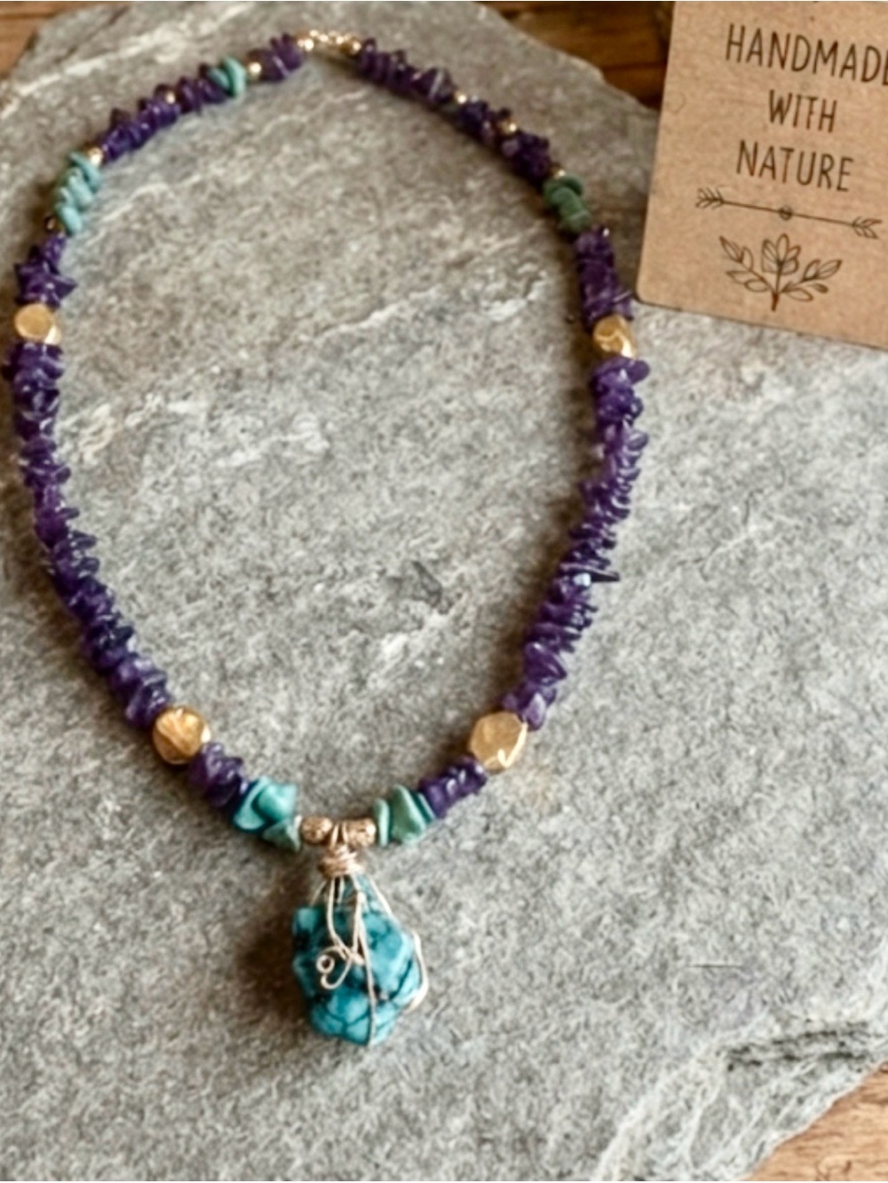 Artisan Amethyst & Turquoise Wire-Wrapped Pendant Necklace